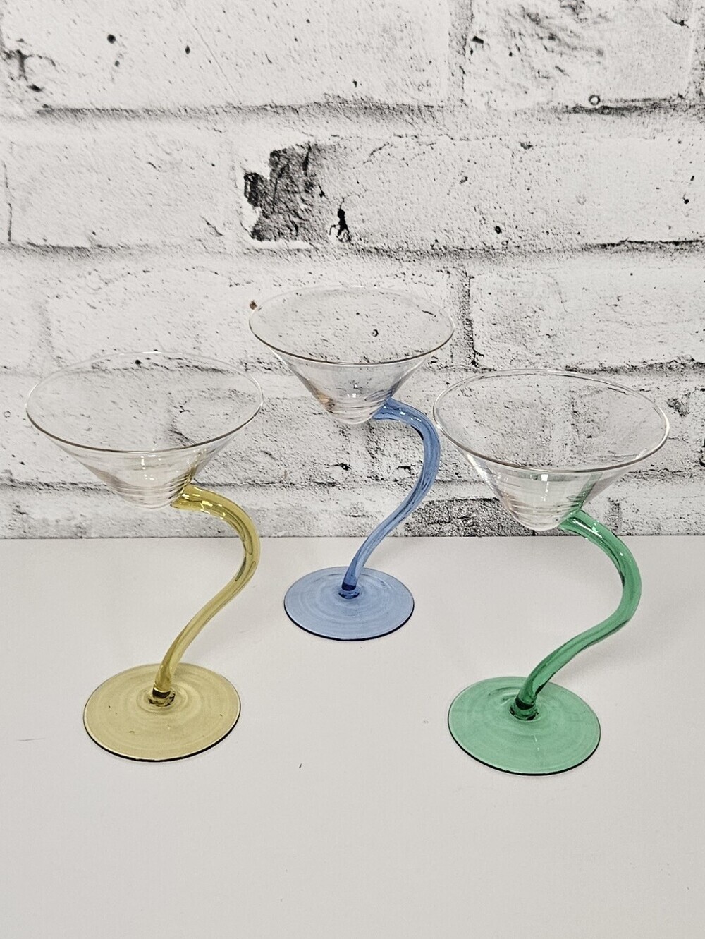 Vintage Art Glass Martini Glasses Set of 3 Twisted Pastel Stem Cocktail
